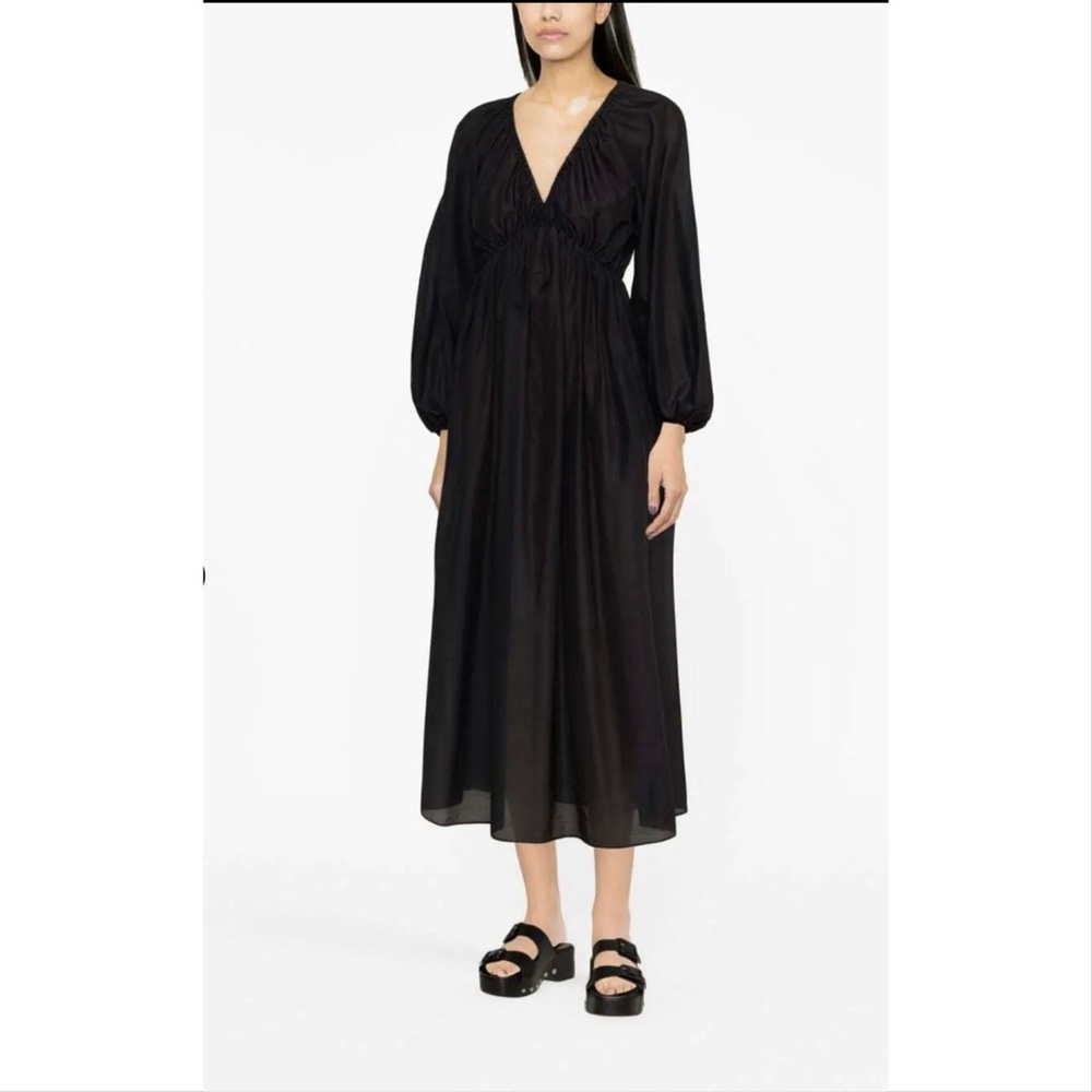 MATTEAU  Puff Sleeve V-Neck Midi Dress 6 Medium Small Cotton Silk $941